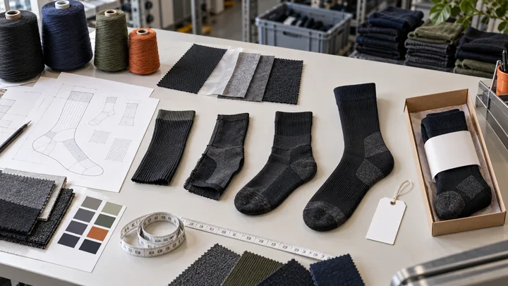 Waterproof sock OEM development stages with yarn materials samples technical sheets and packaging