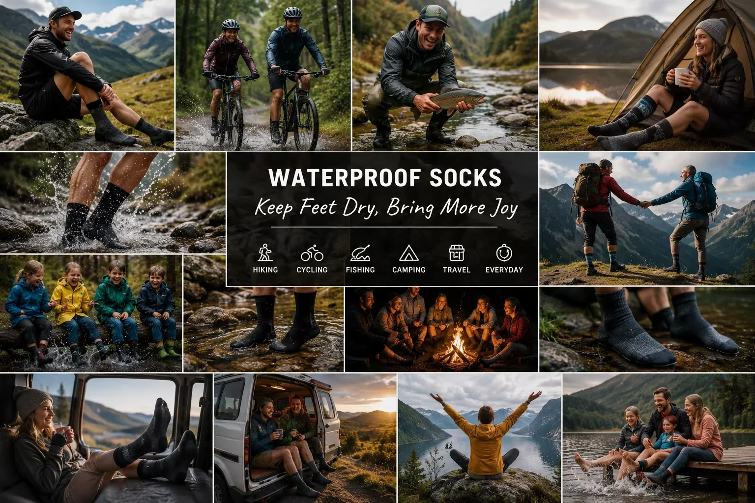 Waterproof socks outdoor lifestyle scenes for hiking cycling fishing camping travel and everyday use