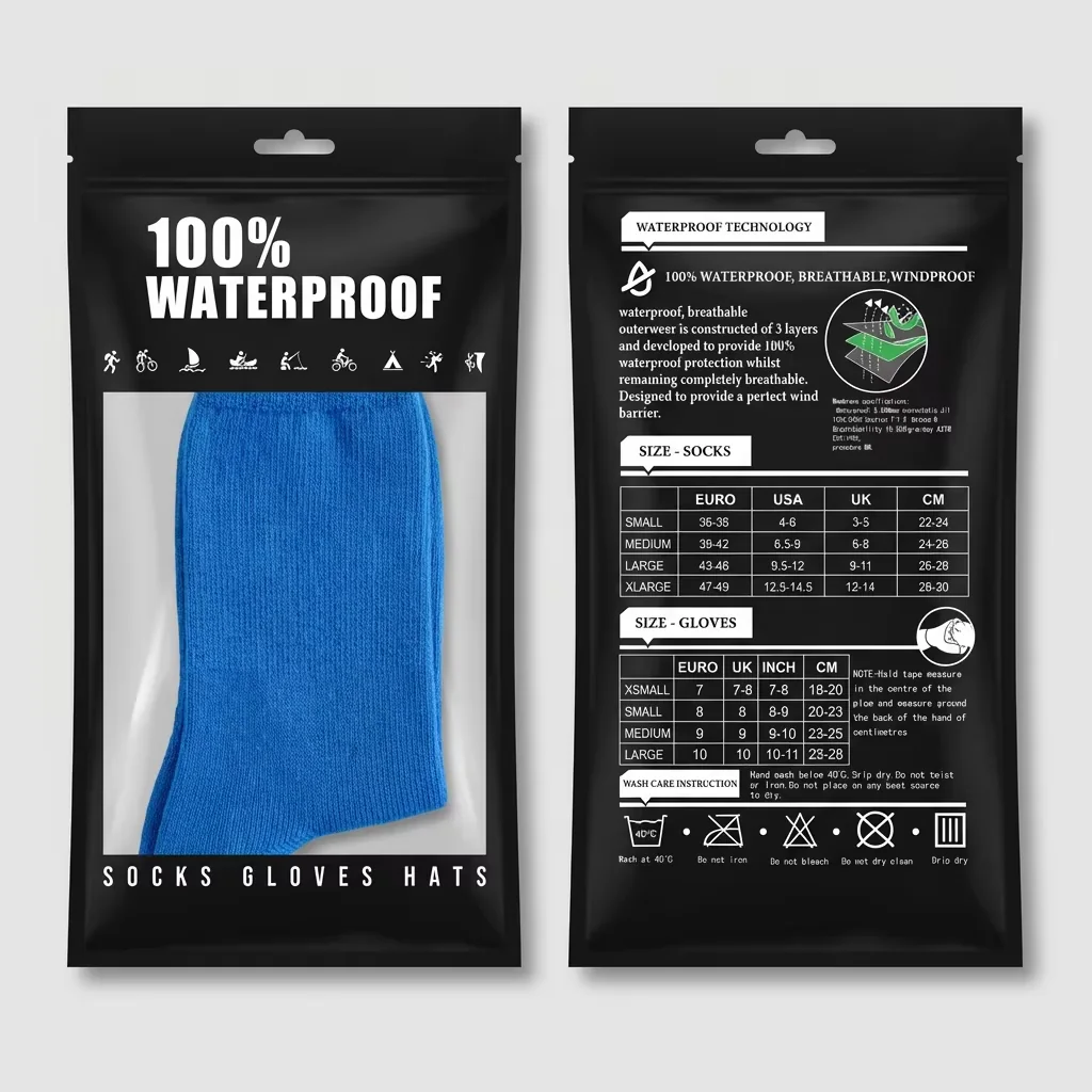 Black waterproof socks retail pouch with size table and wash care information