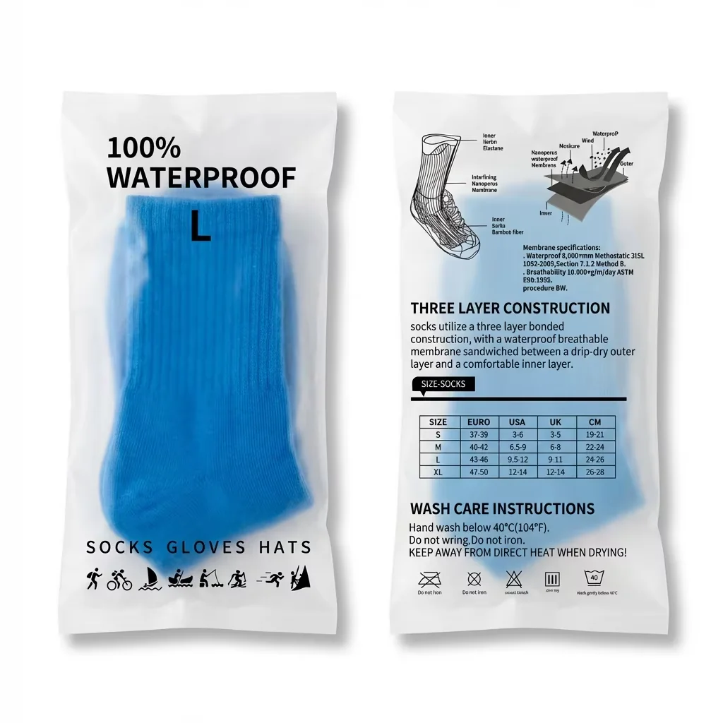 Clear waterproof socks packaging bag with front and back product information