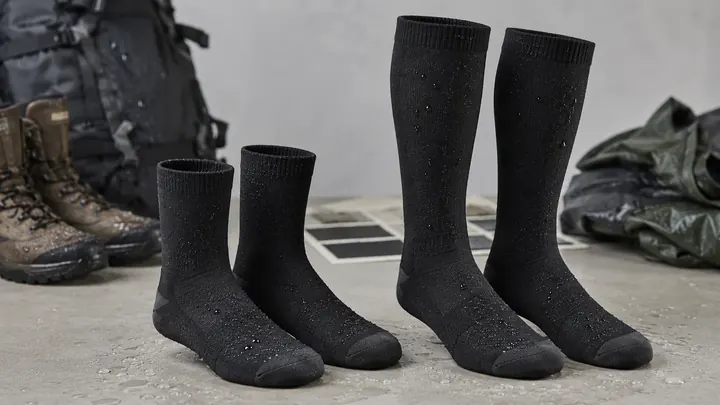 Mid-calf and knee-high three-layer waterproof socks compared for height sizing and footwear use