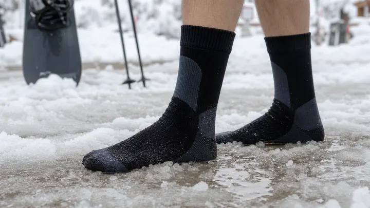 3-layer waterproof socks used in snow slush skiing and snowboarding weather