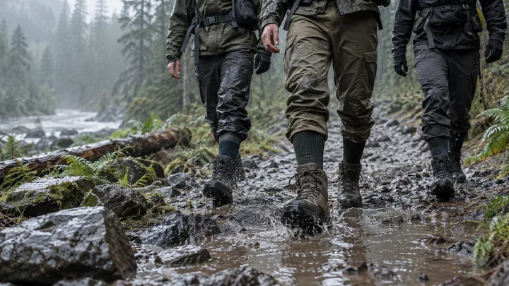 Field team wearing dark waterproof socks and boots on a cold wet forest trail
