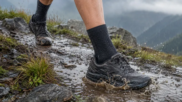Trail runner wearing black waterproof socks on a rainy muddy mountain trail