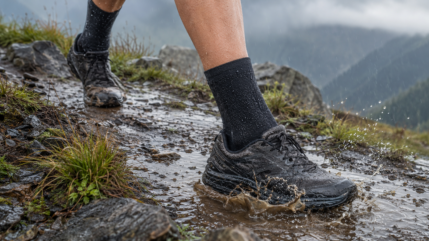 Trail runner wearing black waterproof socks on a rainy muddy mountain trail
