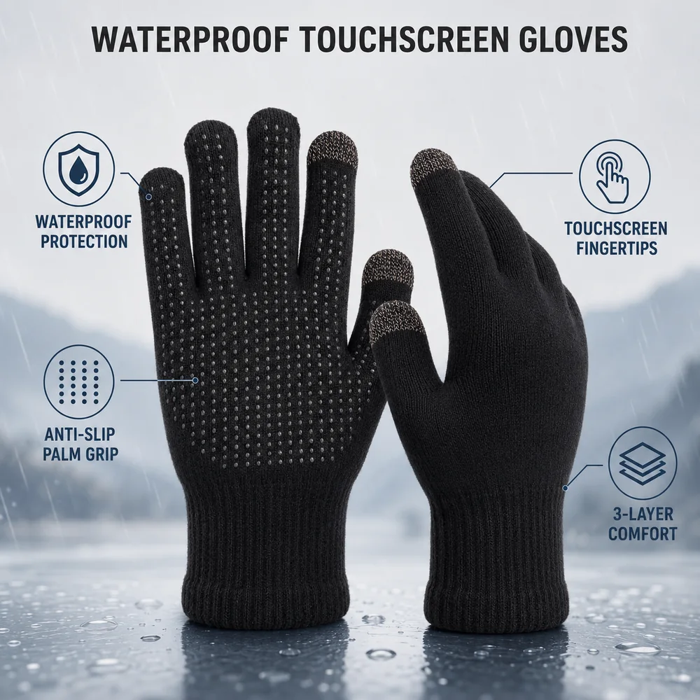 Black 3-layer waterproof gloves showing touchscreen fingertips and anti-slip palm grip