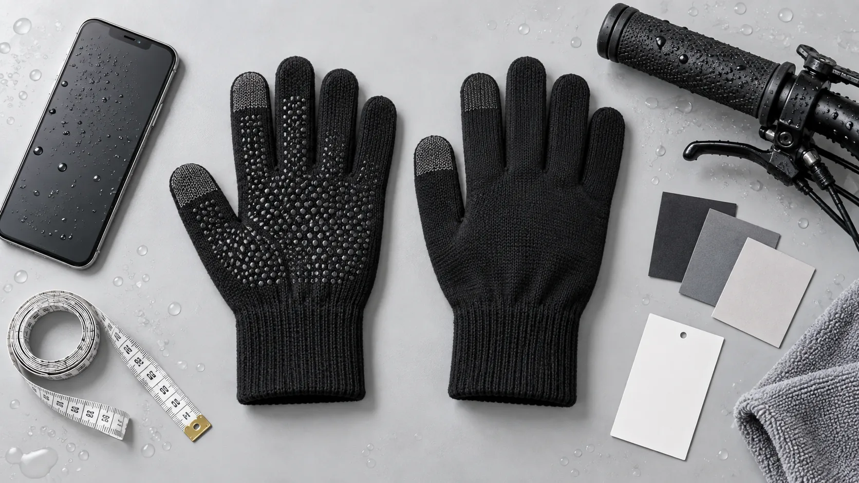 B2B sample inspection layout for waterproof touchscreen gloves with grip phone and measuring tape
