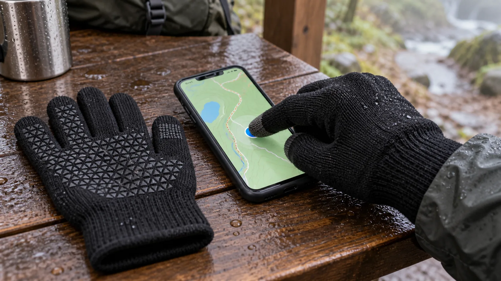 Close-up phone test of black waterproof gloves with conductive fingertips and anti-slip palm grip