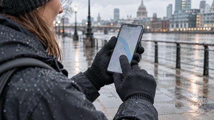 Outdoor product buyer testing black waterproof touchscreen gloves on a phone in rainy weather