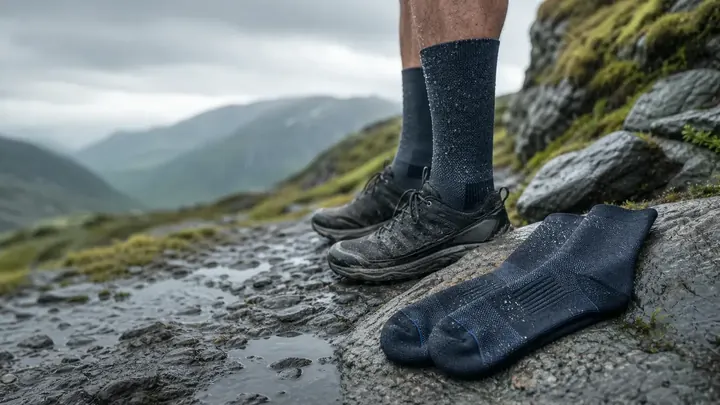 Three-layer waterproof socks worn with outdoor footwear on a wet rocky trail