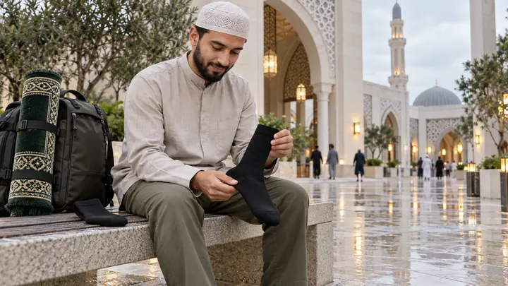 Muslim traveler holding black Wudhu waterproof socks outside a mosque