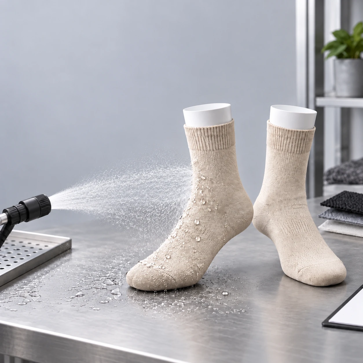 Light beige Wudhu waterproof socks undergoing a controlled water spray check from a visible test nozzle
