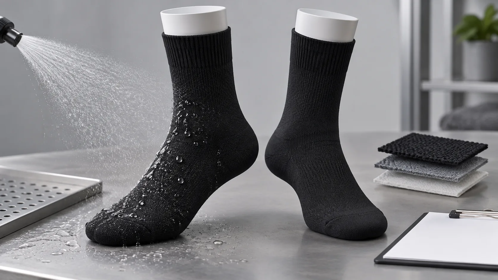 Black Wudhu waterproof socks undergoing a controlled finished-product water spray check